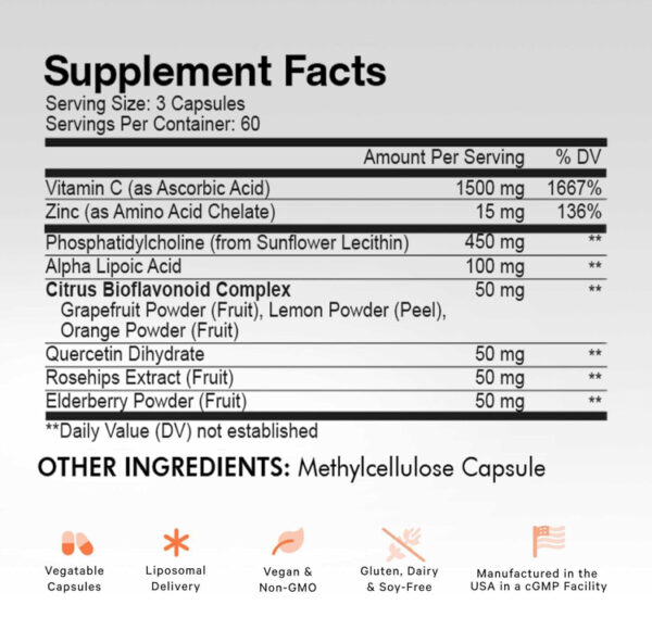 Codeage Liposomal Vitamin C 1500mg with Zinc, Elderberry, Citrus Bioflavonoids Grapefruit, Lemon, Orange Powder, Quercetin & Rose HIPS Fruit – Vegan Supplement - Non-GMO, Vegan Pills, 180 Capsules - Image 2