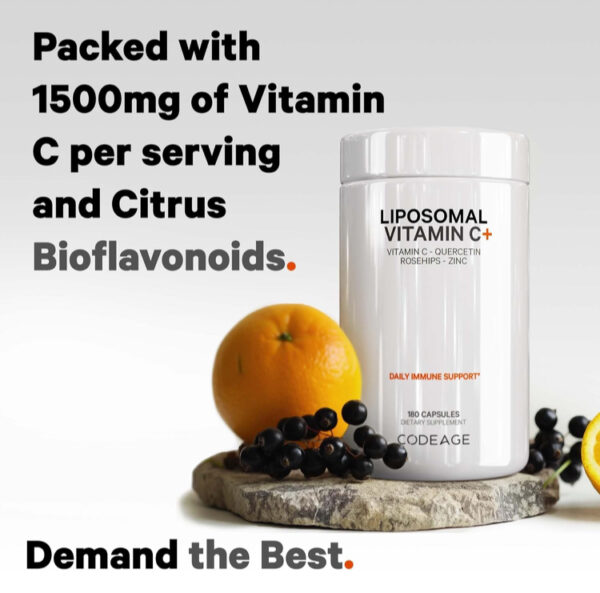 Codeage Liposomal Vitamin C 1500mg with Zinc, Elderberry, Citrus Bioflavonoids Grapefruit, Lemon, Orange Powder, Quercetin & Rose HIPS Fruit – Vegan Supplement - Non-GMO, Vegan Pills, 180 Capsules - Image 3