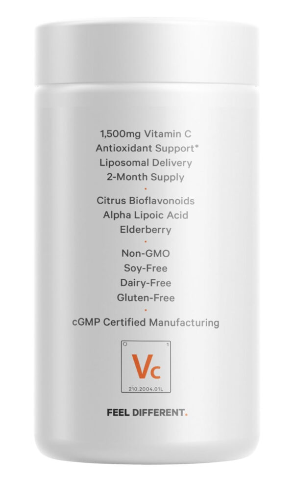 Codeage Liposomal Vitamin C 1500mg with Zinc, Elderberry, Citrus Bioflavonoids Grapefruit, Lemon, Orange Powder, Quercetin & Rose HIPS Fruit – Vegan Supplement - Non-GMO, Vegan Pills, 180 Capsules - Image 7