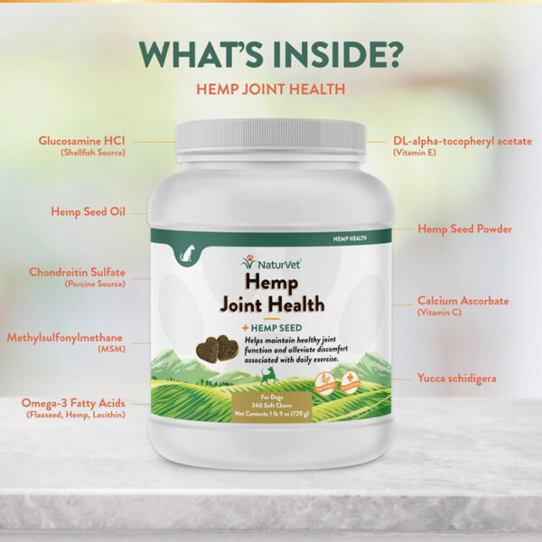 NaturVet Hemp Joint Health Hip & Joint Support Dog Supplement – Soft Chew Supplements for Dogs with Glucosamine, MSM, Chondroitin, Omega 3, Vitamins, Antioxidants – 240 Ct.