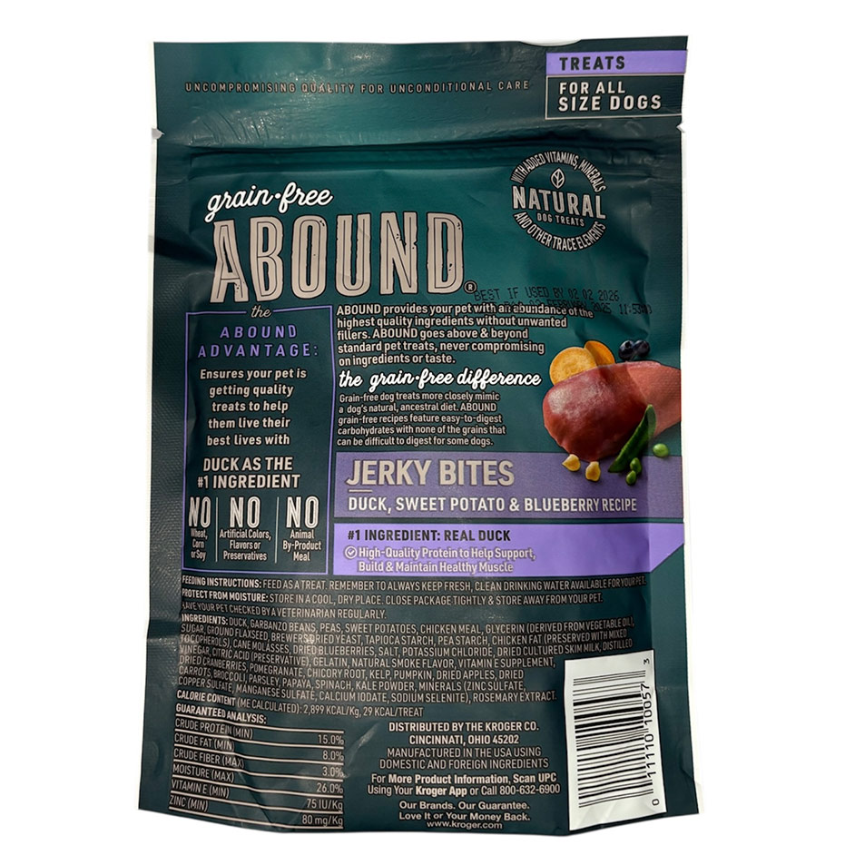 Abound Grain Free Natural Duck, Sweet Potato & Blueberry, Jerky Bites Dogs Treats 12oz - Image 2