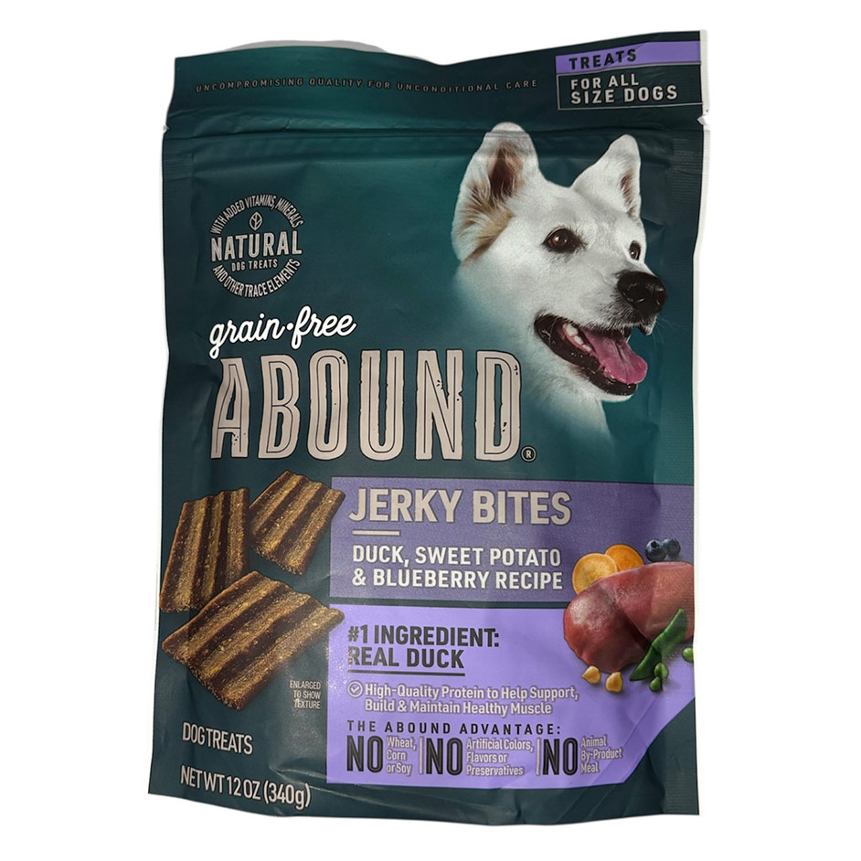 Abound Grain Free Natural Duck, Sweet Potato & Blueberry, Jerky Bites Dogs Treats 12oz